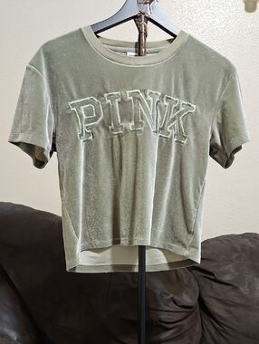 PINK Victoria's Secret Olive Velvet Logo Crop Tee